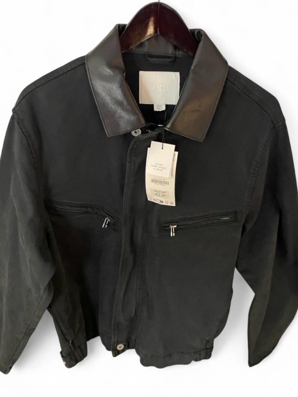 Zara Men Black Bomber Jacket with Faux Leather Collar - Picture 1 of 6
